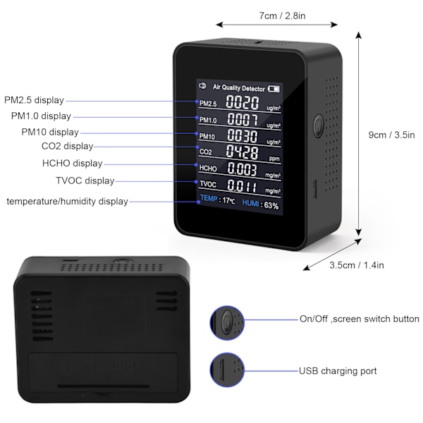 8 i 1 luftkvalitetsmonitor med tyngdekraftsensor kuldioxiddetektor CO2 HCHO TVOC PM2.5 temperaturfugtighedstester