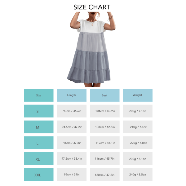 Kontrastfarge Splicing Kjole Klassisk Enkelt Kjole med Ruffled Mansjetter Maskinvaskbar for Sommer Grå M