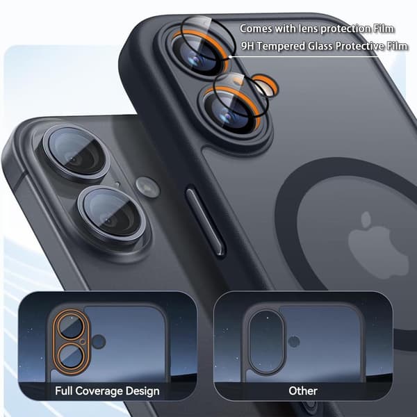Magnetisk iPhone 16-cover med fuld kamerabeskyttelse, stødsikker, gennemsigtig mat bagside, sort