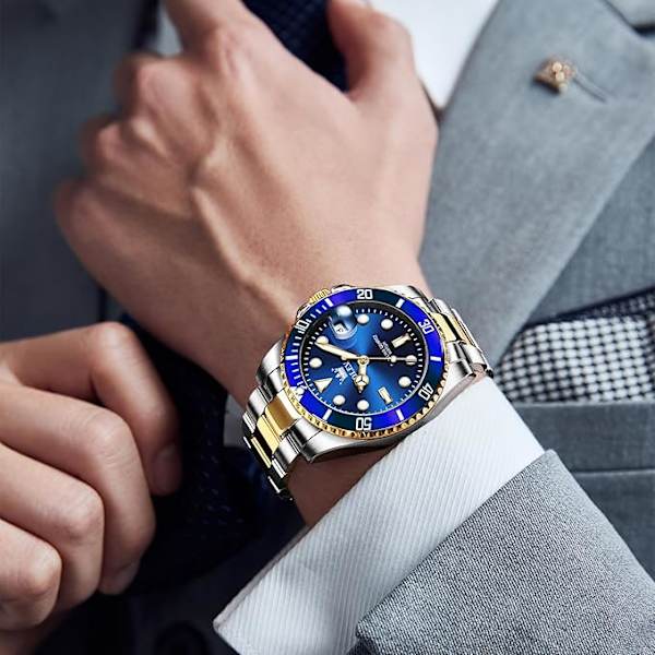 OLEVS Herreure Sort Blue Dial/Gold Silver Band