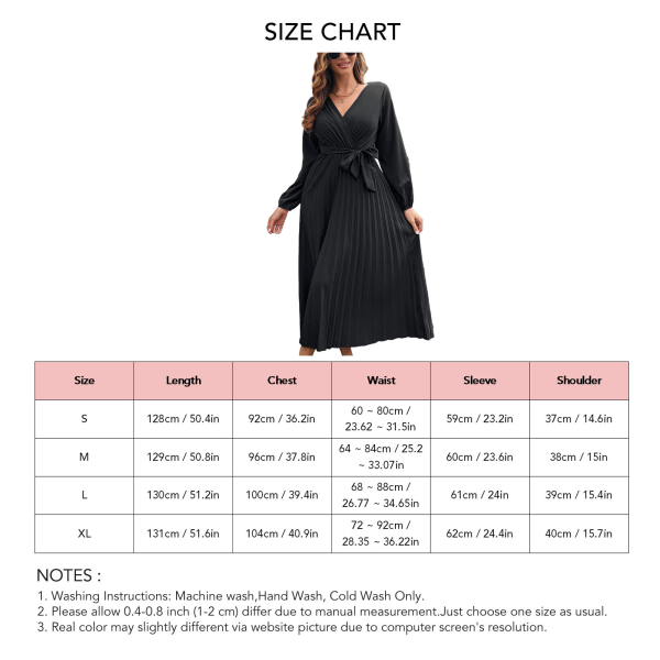 Women Dress Lantern Sleeve High Waist Belted Pleated Wrap V Neck Dress for Winter Fall Lady Girls Black M