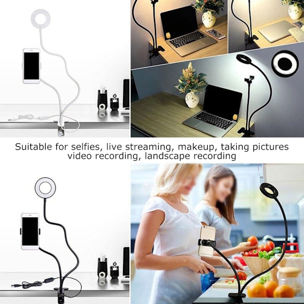 2 i 1 LED Selfie Ring Light med mobiltelefonholder Justerbar skrivebordslampe til Live Stream