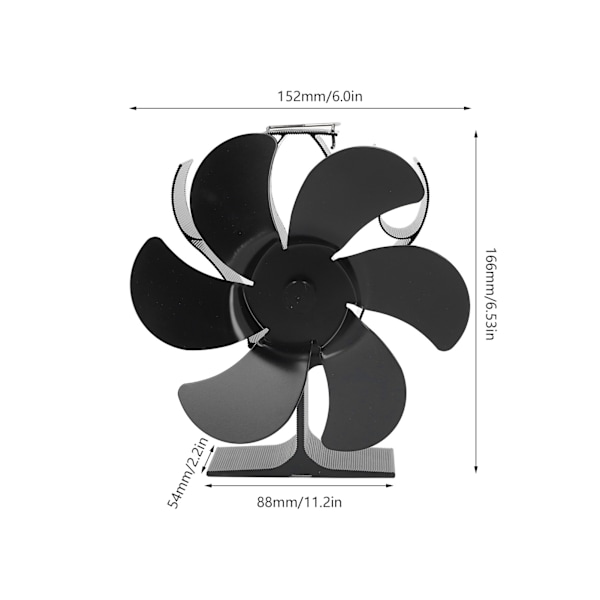 6 Blad Värme Powered Spisfläkt Hög Temperatur Resistans Självstartande Vedspis Spisfläkt Svart Diameter 152mm