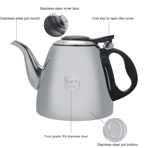 1,2l 1,5L Rostfritt Stål Spishäll Tekanna Te Kaffe Kanna Vattenkokare Värmebeständigt Handtag 1,5L