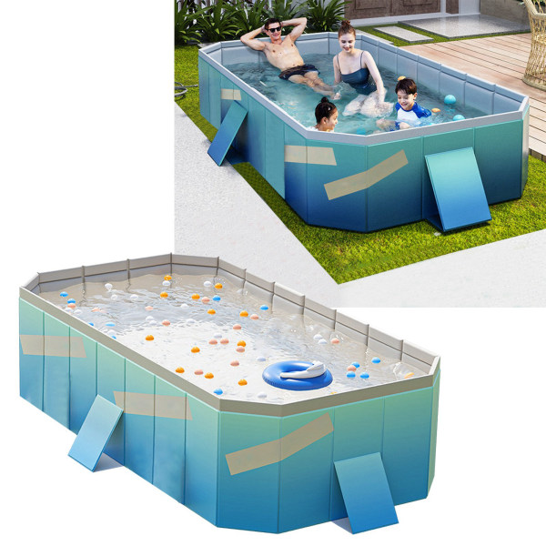 Hopfällbar pool utan uppblåsning rektangulär PVC-pool för hemmabruk Blå 1,6 m / 63 tum
