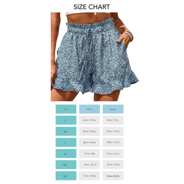 Shorts sommar moderiktigt print Lösa Casual Shorts med hög midja bälte för damer Blue S