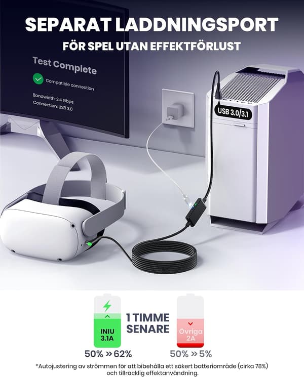 Kabel med opladningsport 5m kompatibel med Oculus Meta Quest 3 2 1 High Speed 2.5Gbps USB C Data til VR Headset Tilbehør