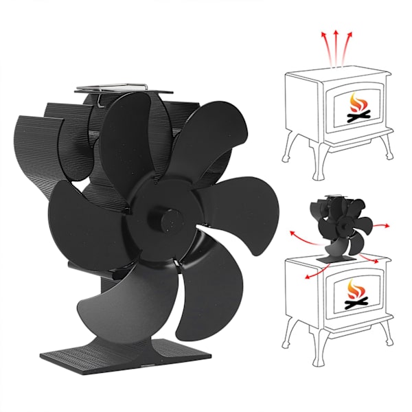 6 Blad Värme Powered Spisfläkt Hög Temperatur Resistans Självstartande Vedspis Spisfläkt Svart Diameter 152mm