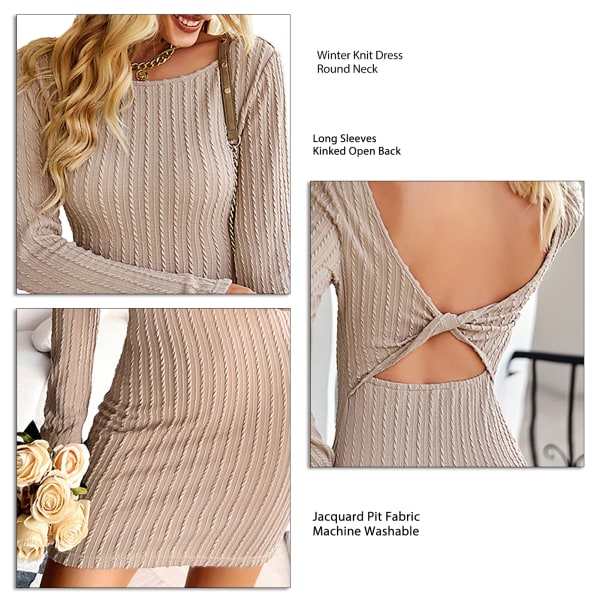 Long Sleeve Knitted Dress Round Neck Casual Skirt Bodycon Slim Dress for Winter Season Apricot M