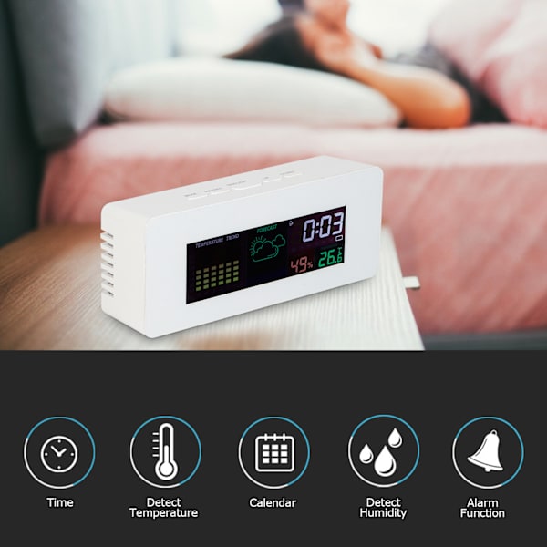 Multifunktion indendørs termometer hygrometer ur med kalender alarmfunktion 12/24H format