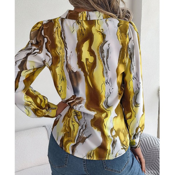 Women Fashion Print Leisure Shirt Abstract Print Button Up Blouse Turn Down Collar Long Sleeve Top Yellow M