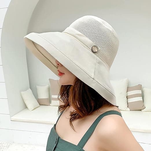 Sommer Mesh Solhatte til Kvinder UV Beskyttelse Bred Skygge Sammenfoldelig Strandhat Beige