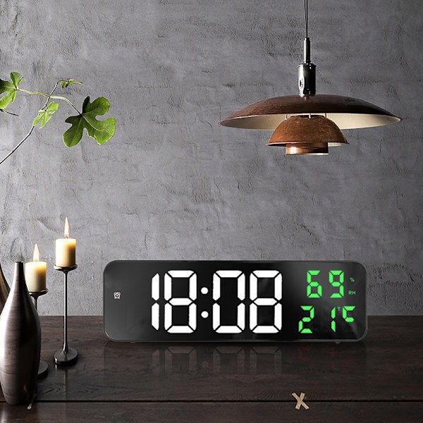 Spegels Stor Digital LED-klocka Hem Elektronisk Väggklocka Stor Skärm Plug in Klocka Vit och Grön