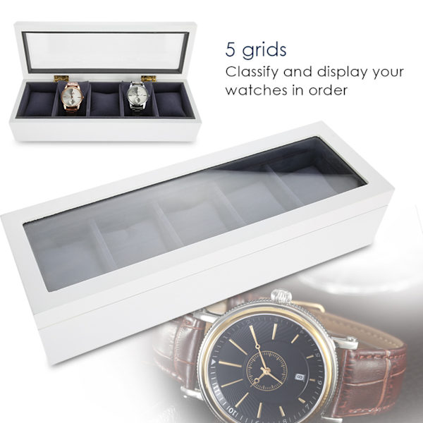 5 rutnät Stoving Varnish Watch Display Case Förvaringslåda Organizer Smyckeskrin (Vit)