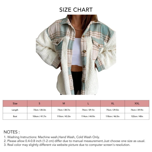 Long Sleeve Plaid Coat Button Print Stitching Pocket Turn Down Collar Lady Loose Fit Coat Green S