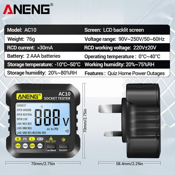 AC10 Digital stikkontakttester Husholdningspluggdetektor Polaritetsfasekontroll Voltmeter Multifunksjons elektroskop Europeisk plugg