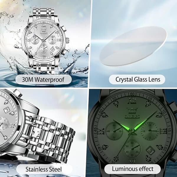 OLEVS Herr Kronografklocka Vattentät Multifunktionsurtavla med Datum Diamantklockor för Män White Dial/Silver Band