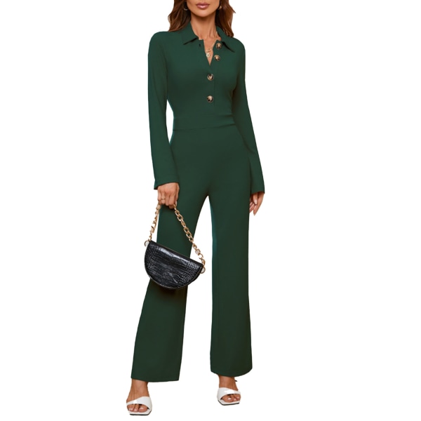 Dame Jumpsuit Fashionable Straight Leg Bukser Knap Turn Down Krave Ren Farve Jumpsuit XL Grøn