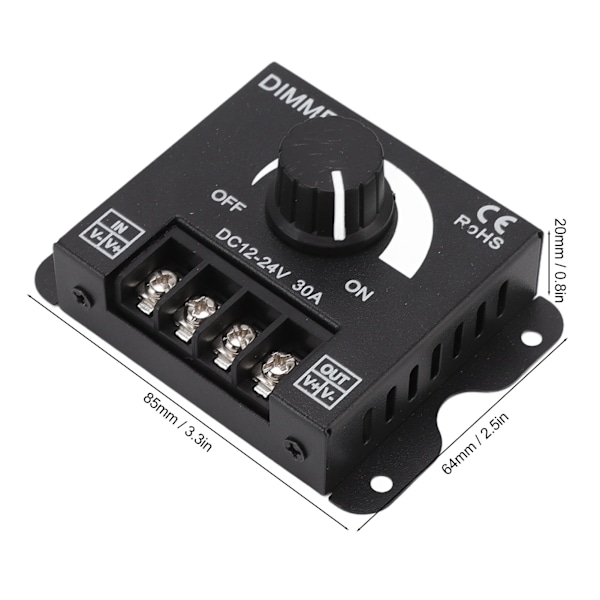 LED-dæmper, enkeltkanals PWM-belysningsstyring, trinløs dæmpningscontroller til 5050 3528 enkeltfarvede lyslister DC 12V-24V 30A