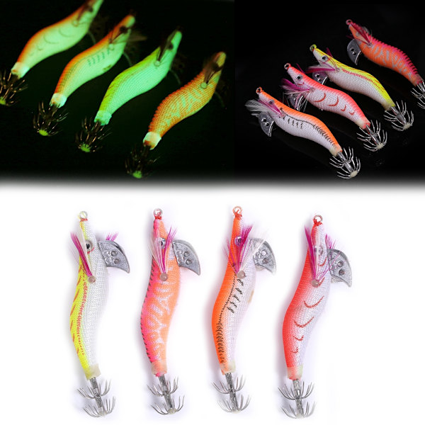 4 stk lysende plast reke agn blekksprut reke jig jigging lokke natt dag fiske