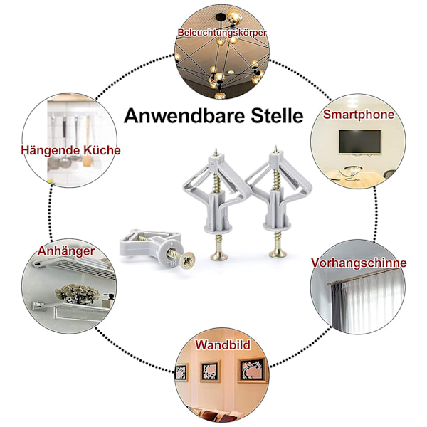 Pakke med 20 gipsvægdyvler, universelle dyvler M8 med skrue 50 mm, selvborende gipsvægdyvler, skruer og sommerfuglehulrumsdyvler, til