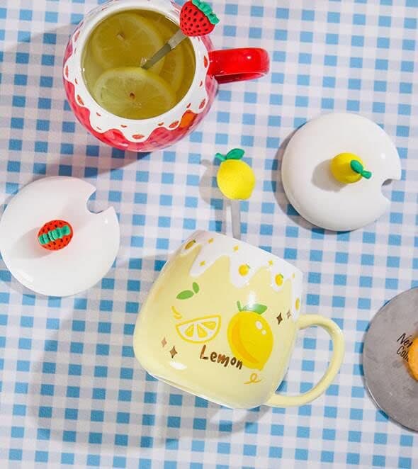 Keramisk Mugg Citron Kaffekopp Vattenkopp med Lock och Sked