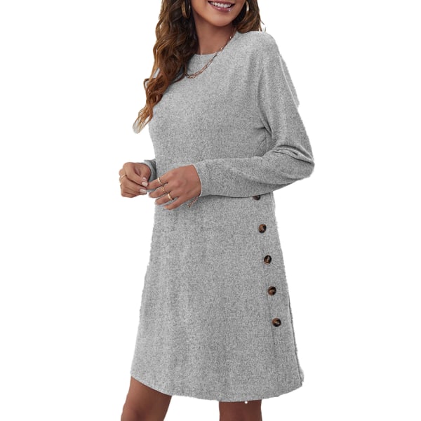 Women Dress Midi One Piece Round Neck Long Sleeve Pure Color Loose Straight for Home Office Grey 2XL