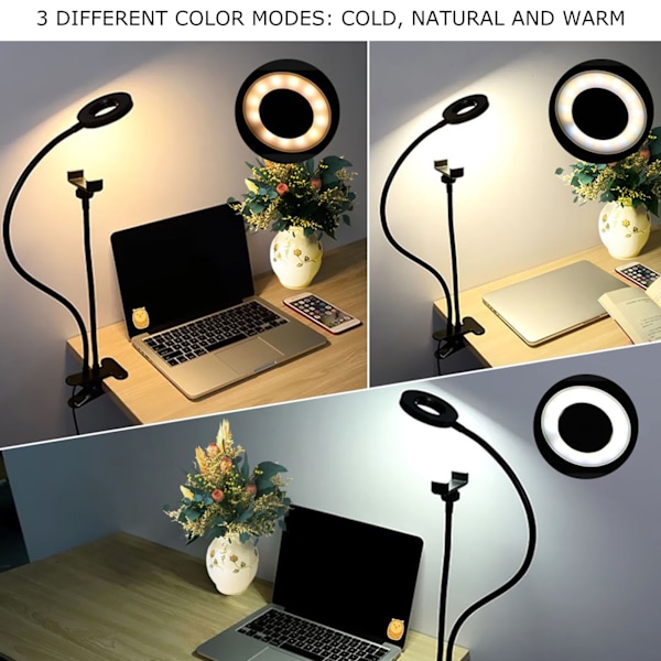 2 i 1 LED Selfie Ring Light med mobilholder Justerbar skrivebordslampe for Live Stream