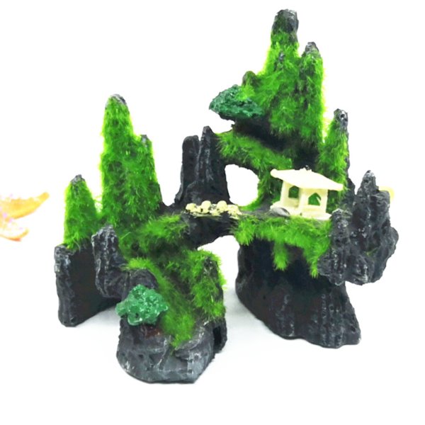 Akvarium Landskap Resin Simulering Flerbruks Mos Fjellutsikt Dekorasjon med Bro og Paviljong