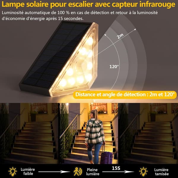 Solar trappelys 300LM LED utendørs trappebelysning med bevegelsessensor IP67 4 stk