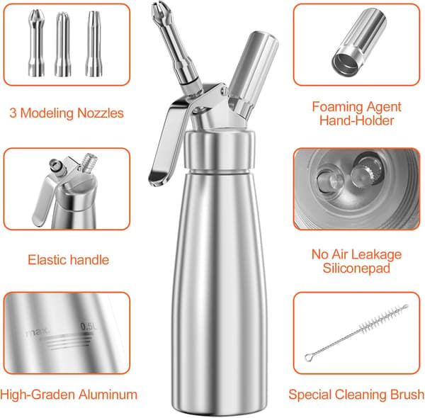 500 ml aluminium flødedispenser flødesifon med 3 dekorationsdyser i rustfrit stål og 1 rengøringsbørste