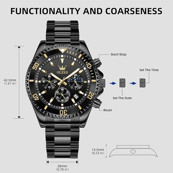 OLEVS Herrarmbandur Svart black Dial/Black Band