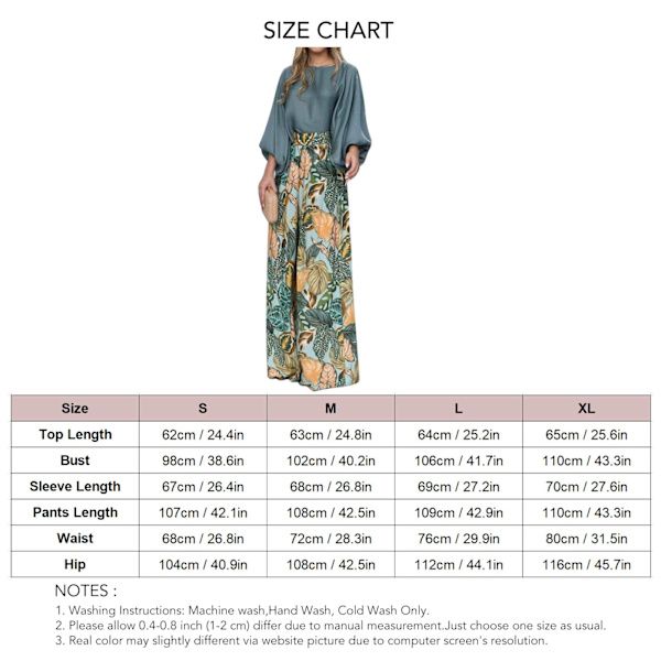 Kvinder Casual 2-delt Outfit Lang Puff Ærme Rund Hals Top Bluse Blomster Print Brede Ben Bukser til Kontor Grøn M