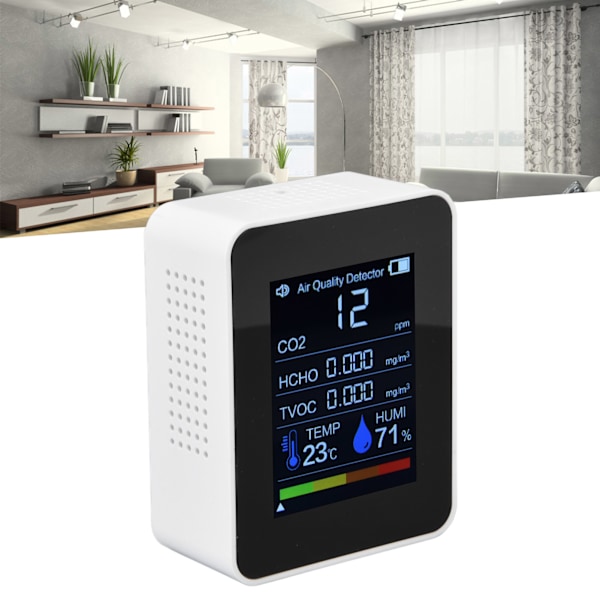 Luftkvalitetsmonitor 8 i 1 Ektetidsfargeskjerm Plassbesparende Mye brukt CO2-detektor for TVOC HCHO PM2.5 PM1.0 PM10 Hvit