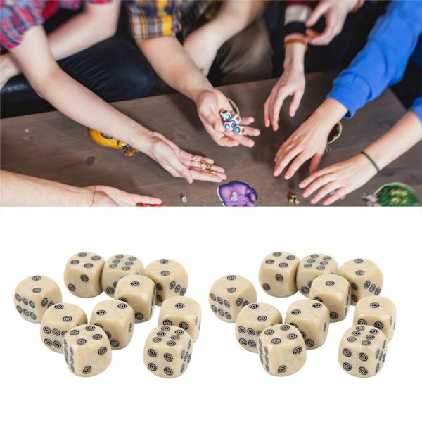 20 kappaletta kuusisivuista noppaa 16 mm valkoista helmijyvää ympyräpisteitä pöytäpeleihin matematiikan opetukseen
