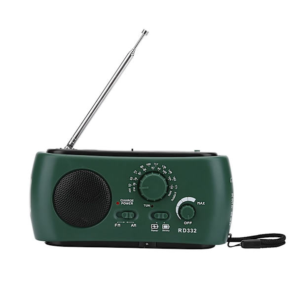 Aurinkokäyttöinen käsikampi AM/FM-radio LED-taskulampulla ja hätäpuhelimen laturella