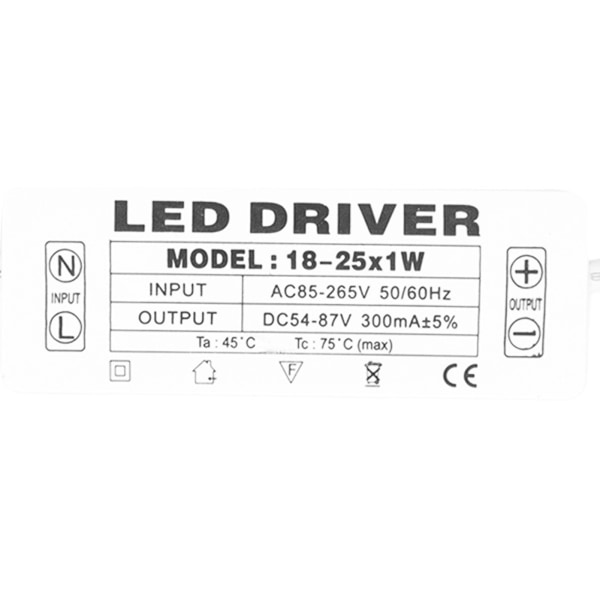 18-25X1W LED-driver - Konstant strøm 300mA - Indgang AC85-265V - Udgang 54-87VDC LED-drivertransformator