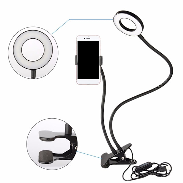 2 i 1 LED Selfie Ring Light med mobilholder Justerbar skrivebordslampe for Live Stream