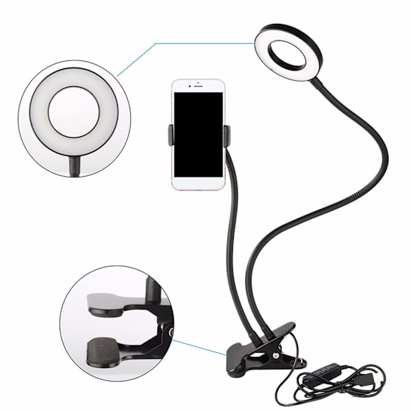 2 i 1 LED Selfie Ring Light med mobiltelefonholder Justerbar skrivebordslampe til Live Stream