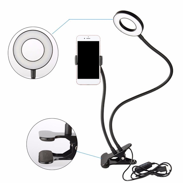 2in 1 LED-selfie-rengasvalo puhelintelineellä, säädettävä pöytälamppu suoratoistoon