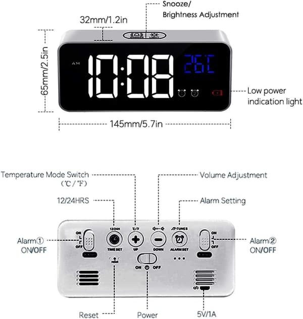 Digital väckarklocka med stor LED-temperaturdisplay Bärbar spegelväckarklocka Silver