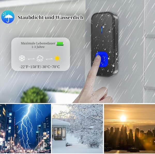 Trådlös dörrklocka 300m lång räckvidd vattentät elektronisk klocka 55 melodier