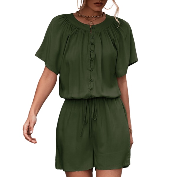 Button Top Short Jumpsuit Lace Up One Piece Pants Casual Round Neck Machine Wash for Women Vacation Beach Green L