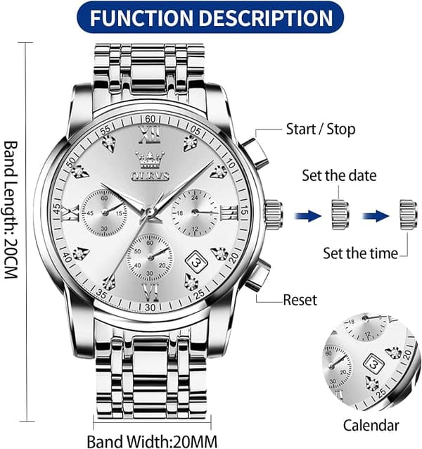 OLEVS Herr Kronografklocka Vattentät Multifunktionsurtavla med Datum Diamantklockor för Män White Dial/Silver Band
