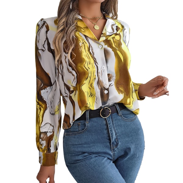 Women Fashion Print Leisure Shirt Abstract Print Button Up Blouse Turn Down Collar Long Sleeve Top Yellow M