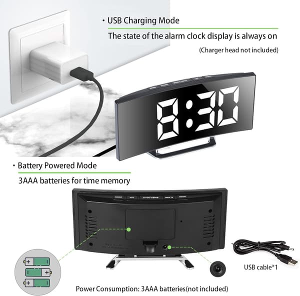Digital väckarklocka för sovrum 7 LED-spegelskärm 2 ljusstyrkenivåer USB Vit