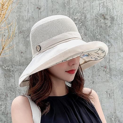 Sommer Mesh Solhatte til Kvinder UV Beskyttelse Bred Skygge Sammenfoldelig Strandhat Beige