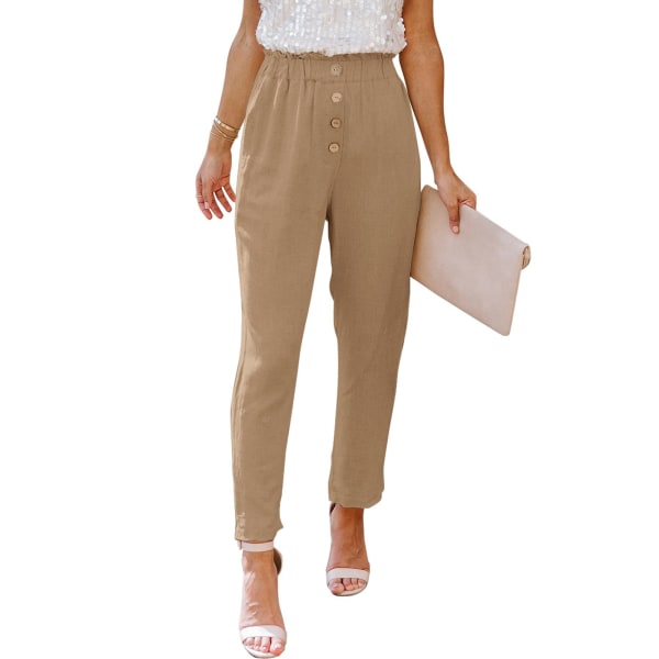 Women Pants High Waist Elastic Casual Loose Cloth Buttoned Trousers with Pockets Khaki M