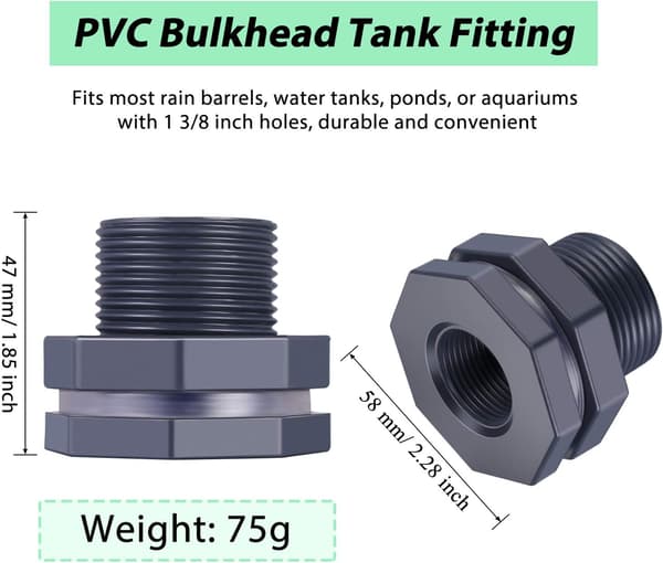 2 stk. PVC skotfitting til regntønder, akvarier, vandtanke og pools 3/4 tomme