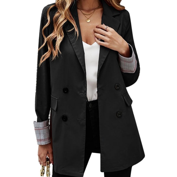 Naisten puvun takki, jossa on kaulus, puhdas väri, tasku, ruudullinen kääntökaulus, pitkähihainen takki, musta, L